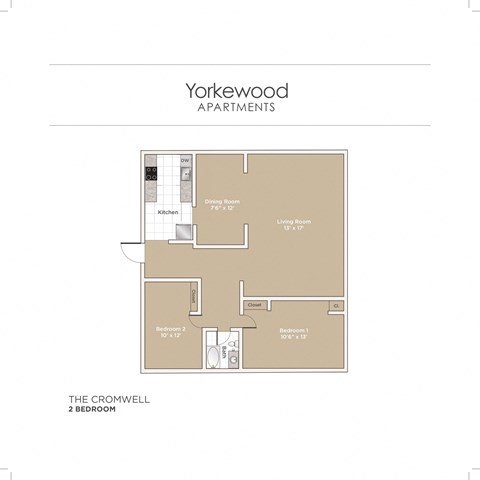 Floor plan for 2 beds, 1 bath, 782 sqft